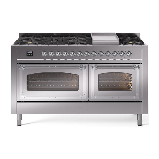 Ilve UN60FNMPSSCLP Ilve Un60Fnmpssclp Nostalgie Ii Noblesse 60" Dual Fuel Range (9 Sealed Burners + Griddle, Liquid Propane, Triple Glass Door, Stainless Steel, Chrome)