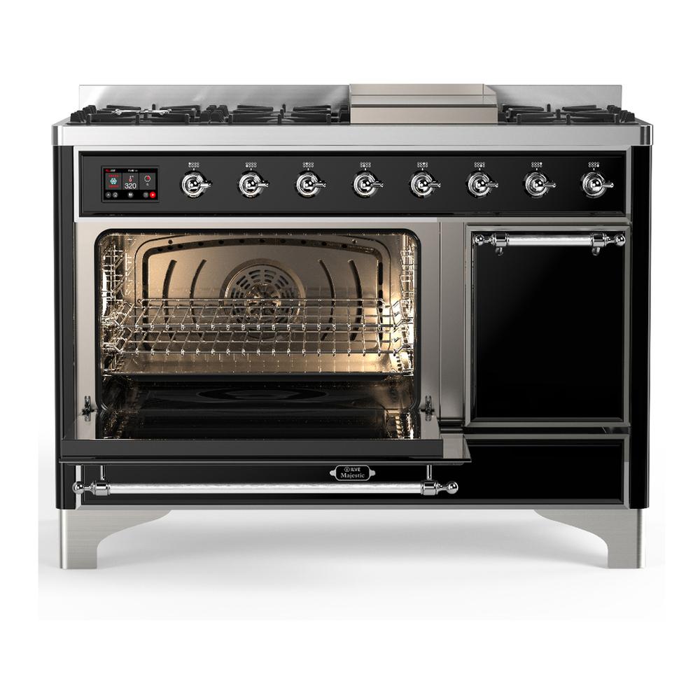 Ilve UM48FQNR3BKCLP Ilve Um48Fqnr3Bkclp Majestic Iii 48 Inch Dual Fuel Range With 8 Burners And Griddle, Dual Function Burner Up To 25,000 Btu (Liquid Propane, Solid Door, Glossy Black, Chrome)
