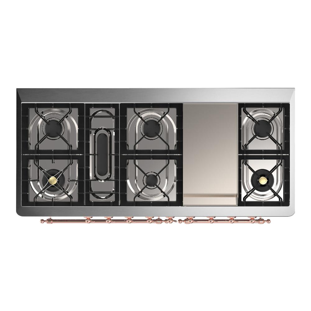 Ilve UM60FNR3BUPLP Ilve Um60Fnr3Buplp Majestic Iii 60 Inch Dual Fuel Range With 9 Burners And Griddle, Dual Function Burner Up To 25,000 Btu (Liquid Propane, Triple Glass Door, Burgundy, Copper)