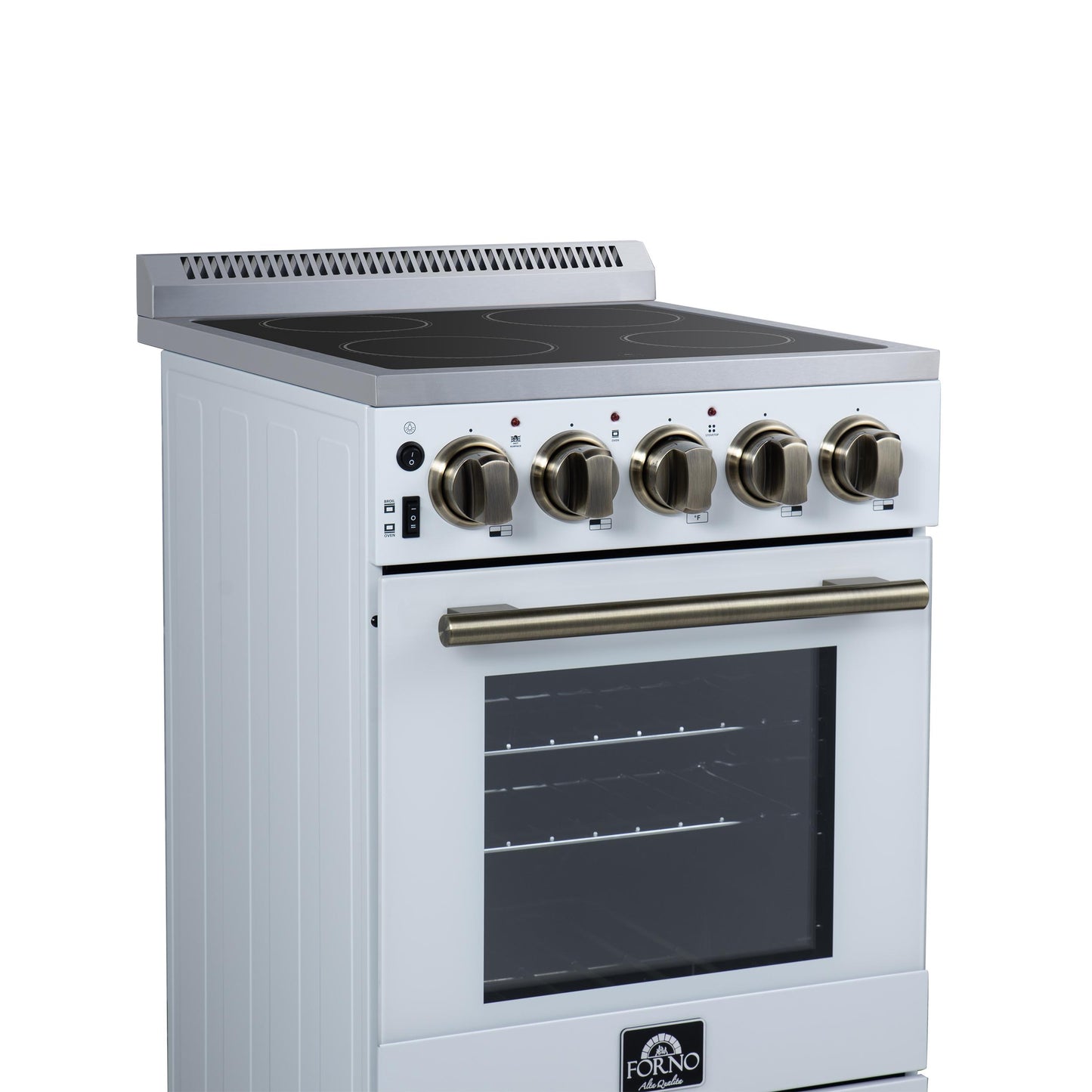 Forno FFSEL605220WHT Forno Pallerano 20 Inch Freestanding Electric Range In White With Antique Brass, Compact Design