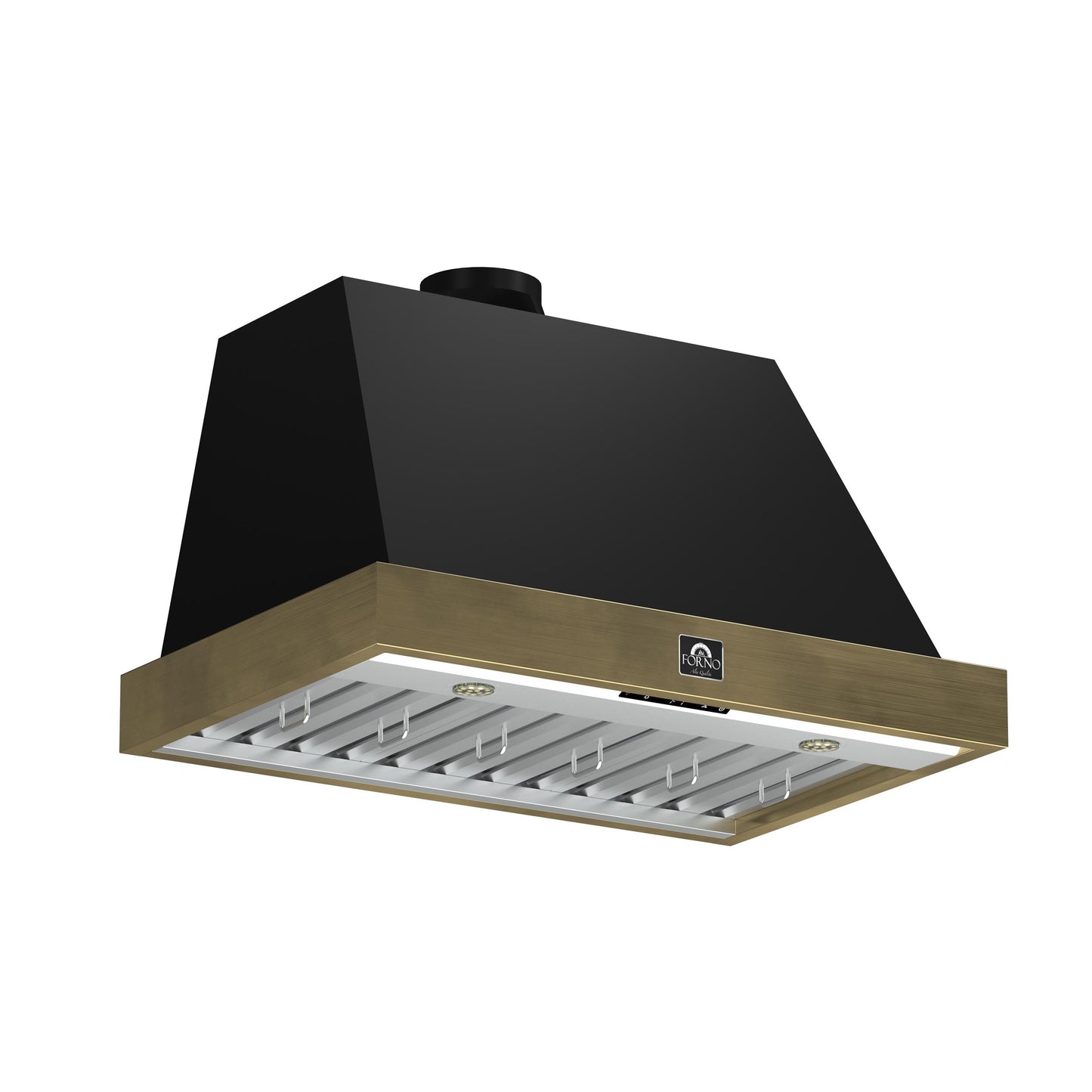 Forno FRHWM507836BLK Forno Vittorio 36-Inch Wall Mount Range Hood, Black With Antique Brass Trim, 424 Cfm Airflow, Dishwasher-Safe Baffle Filters, Remote Control, 3-Speed Fan, Bright Led Lighting.
