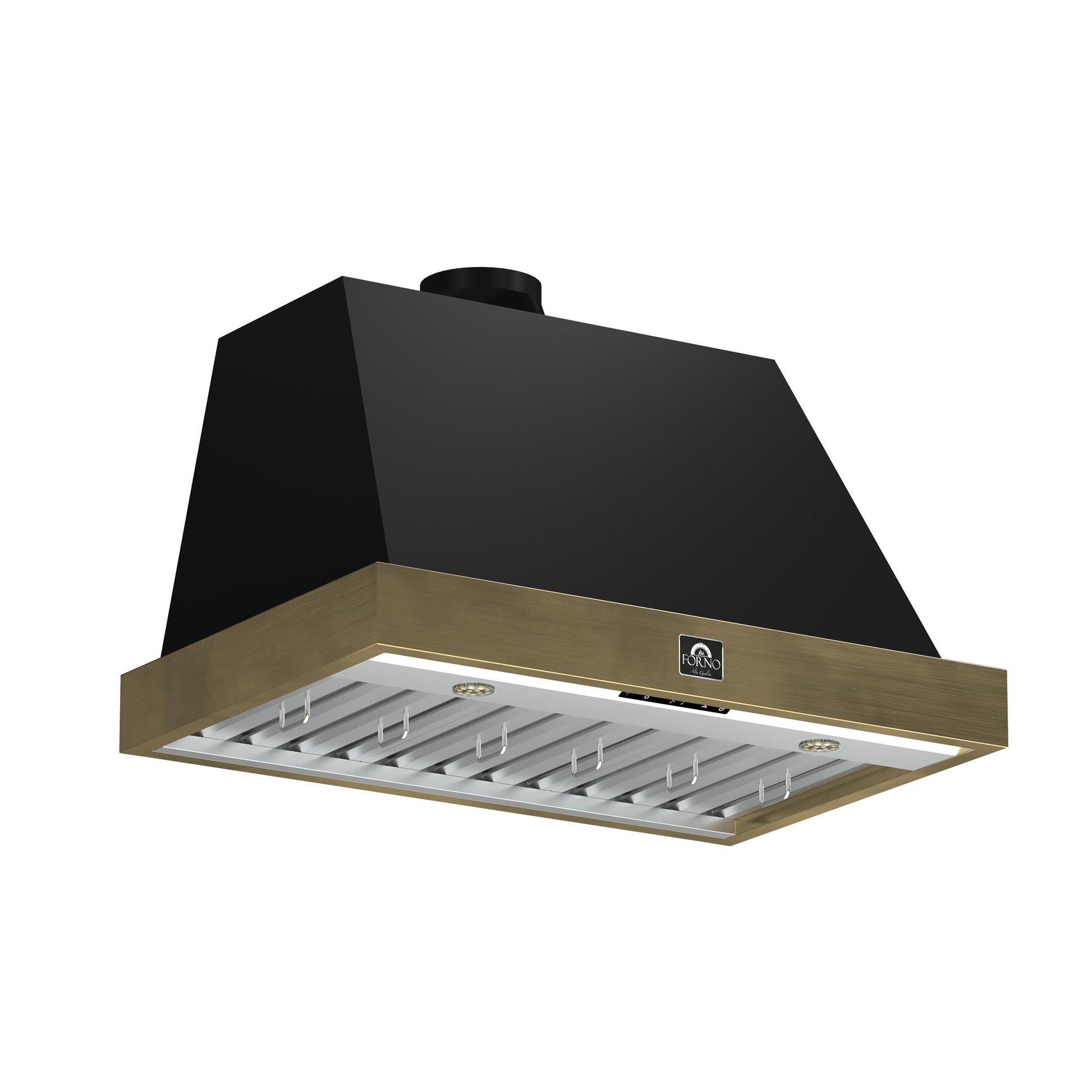 Forno FRHWM507836BLK Forno Vittorio 36-Inch Wall Mount Range Hood, Black With Antique Brass Trim, 424 Cfm Airflow, Dishwasher-Safe Baffle Filters, Remote Control, 3-Speed Fan, Bright Led Lighting.