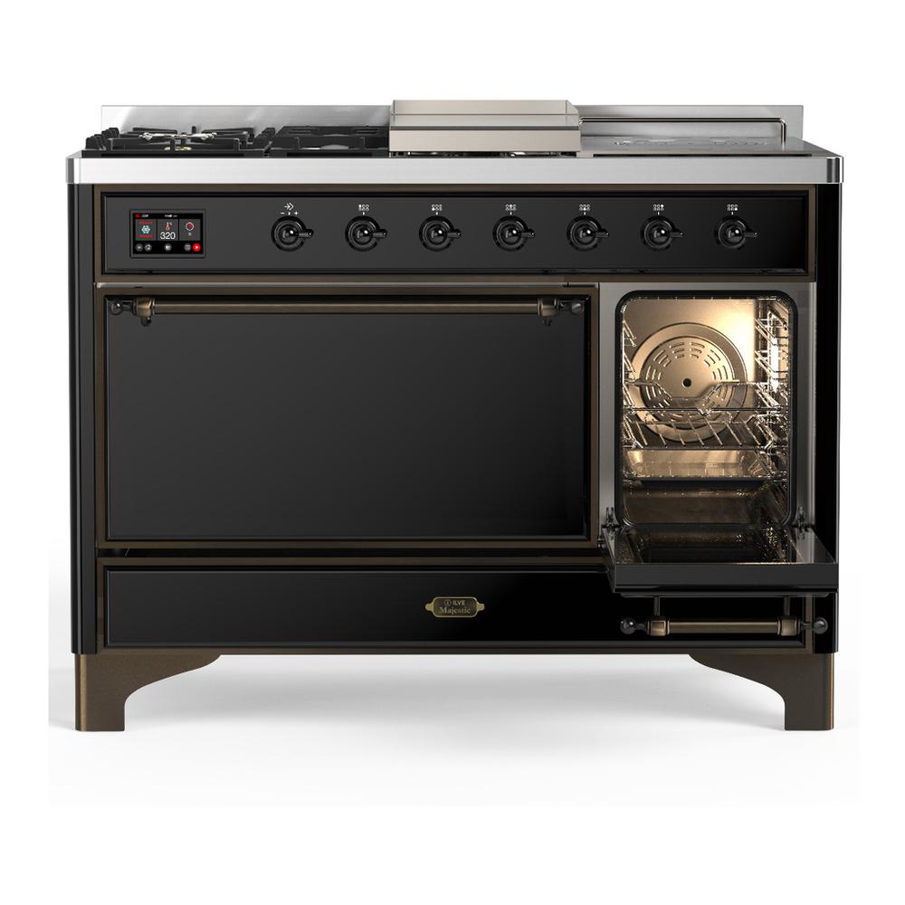 Ilve UM48FSQNR3BKBLP Ilve Um48Fsqnr3Bkblp Majestic Iii 48 Inch Dual Fuel Range With 5 Black Brass Burners, Griddle And French Top, Dual Function Burner Up To 25,000 Btu (Liquid Propane, Solid Door, Glossy Black, Burnished)