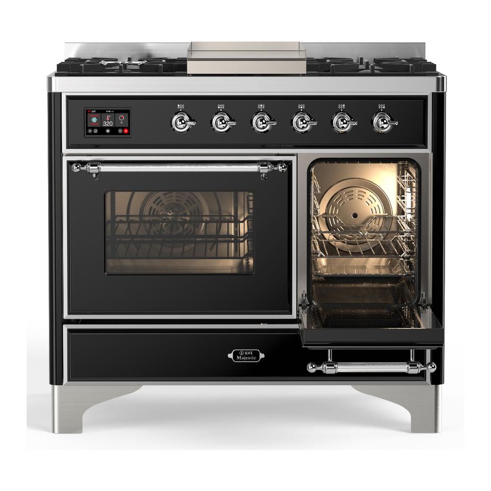 Ilve UMD40FNR3BKC Ilve Umd40Fnr3Bkc Majestic Iii 40 Inch Dual Fuel Range With 6 Burners And Griddle, Dual Function Burner Up To 25,000 Btu (Natural Gas, Triple Glass Door, Glossy Black, Chrome)