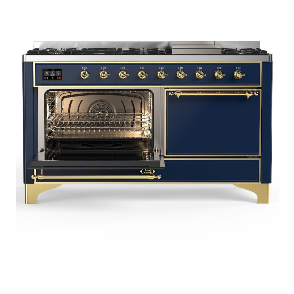 Ilve UM60FQNR3MBG Ilve Um60Fqnr3Mbg Majestic Iii 60 Inch Dual Fuel Range With 9 Burners And Griddle, Dual Function Burner Up To 25,000 Btu (Natural Gas, Solid Door, Midnight Blue, Brass)