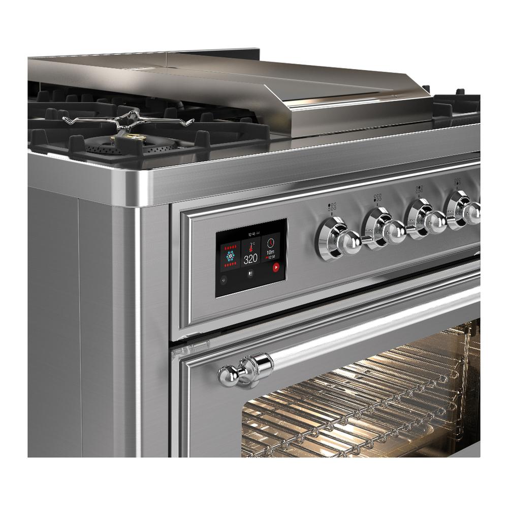 Ilve UM36FNR3SSCLP Ilve Um36Fnr3Ssclp Majestic Iii 36 Inch Dual Fuel Range With 6 Black Brass Burners And Griddle, Dual Function Burner Up To 25,000 Btu (Triple Glass Door, Stainless Steel, Chrome, Liquid Propane)