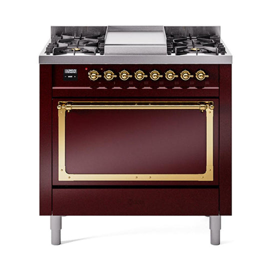 Ilve UN36FQNMPBUG Ilve Un36Fqnmpbug Nostalgie Ii Noblesse 36" Dual Fuel Range (Natural Gas, Solid Door, Burgundy, Brass)