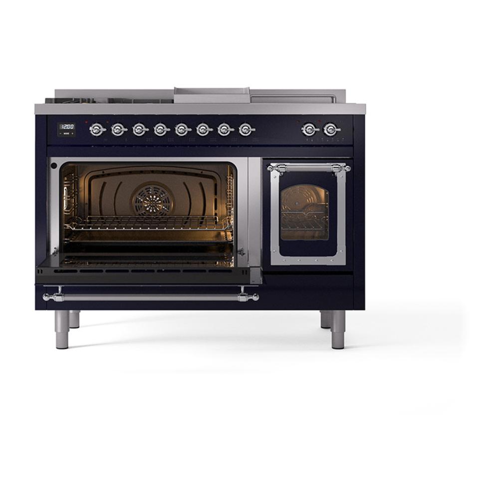 Ilve UN48FSNMPMBCLP Ilve Un48Fsnmpmbclp Nostalgie Ii Noblesse 48" Dual Fuel Range (5 Sealed Burners + Griddle + French Top, Liquid Propane, Triple Glass Door, Midnight Blue, Chrome)