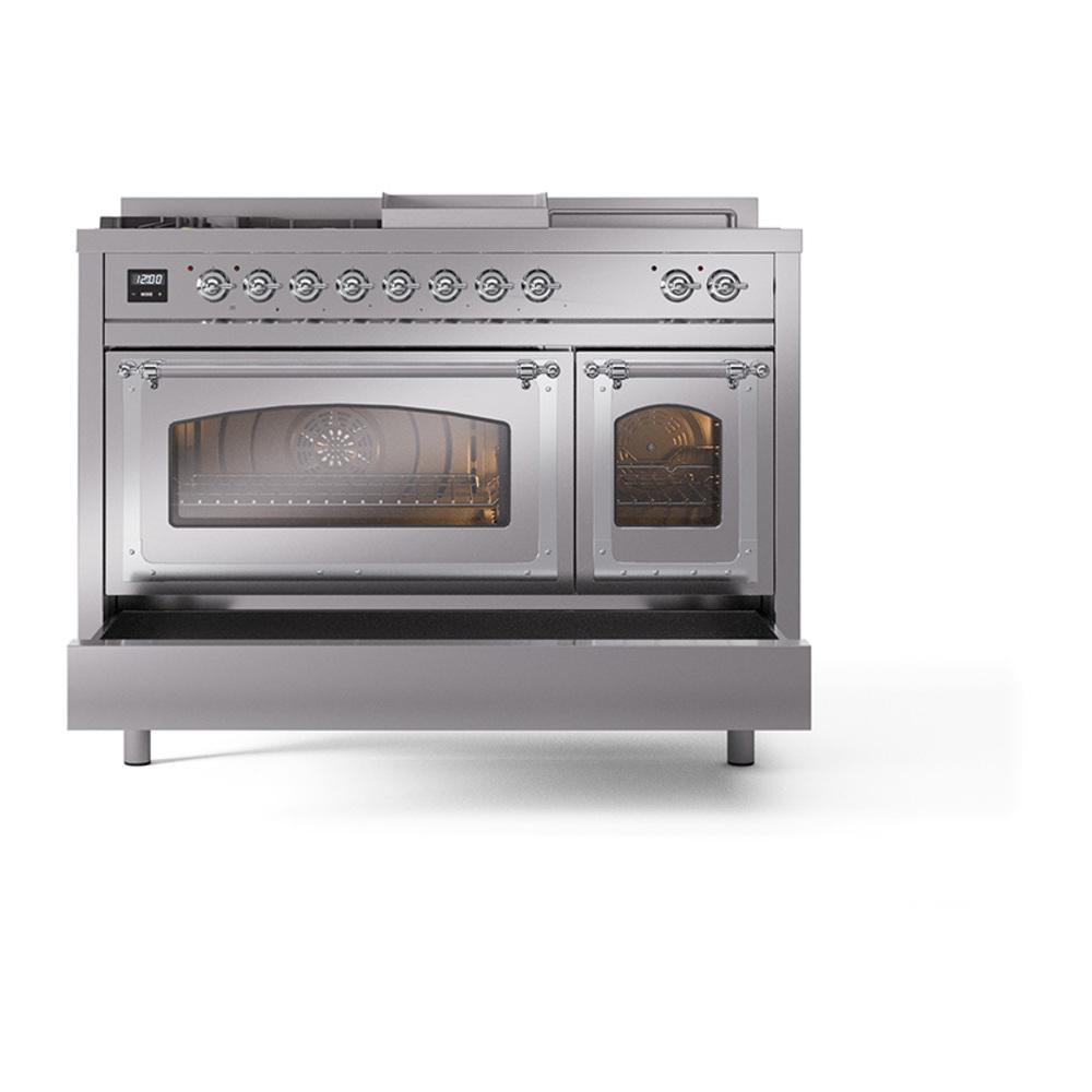 Ilve UN48FSNMPSSCLP Ilve Un48Fsnmpssclp Nostalgie Ii Noblesse 48" Dual Fuel Range (5 Sealed Burners + Griddle + French Top, Liquid Propane, Triple Glass Door, Stainless Steel, Chrome)
