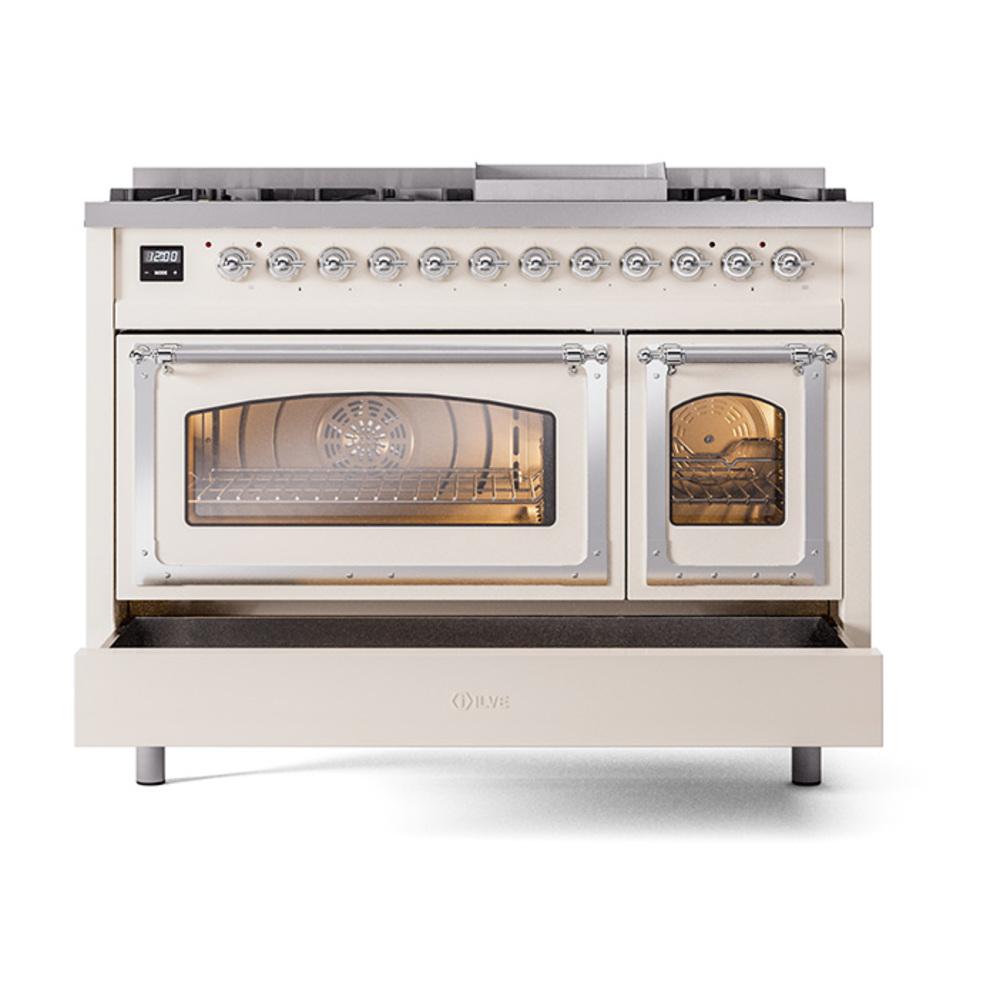 Ilve UN48FNMPAWC Ilve Un48Fnmpawc Nostalgie Ii Noblesse 48" Dual Fuel Range (8 Sealed Burners + Griddle, Natural Gas, Triple Glass Door, Antique White, Chrome)