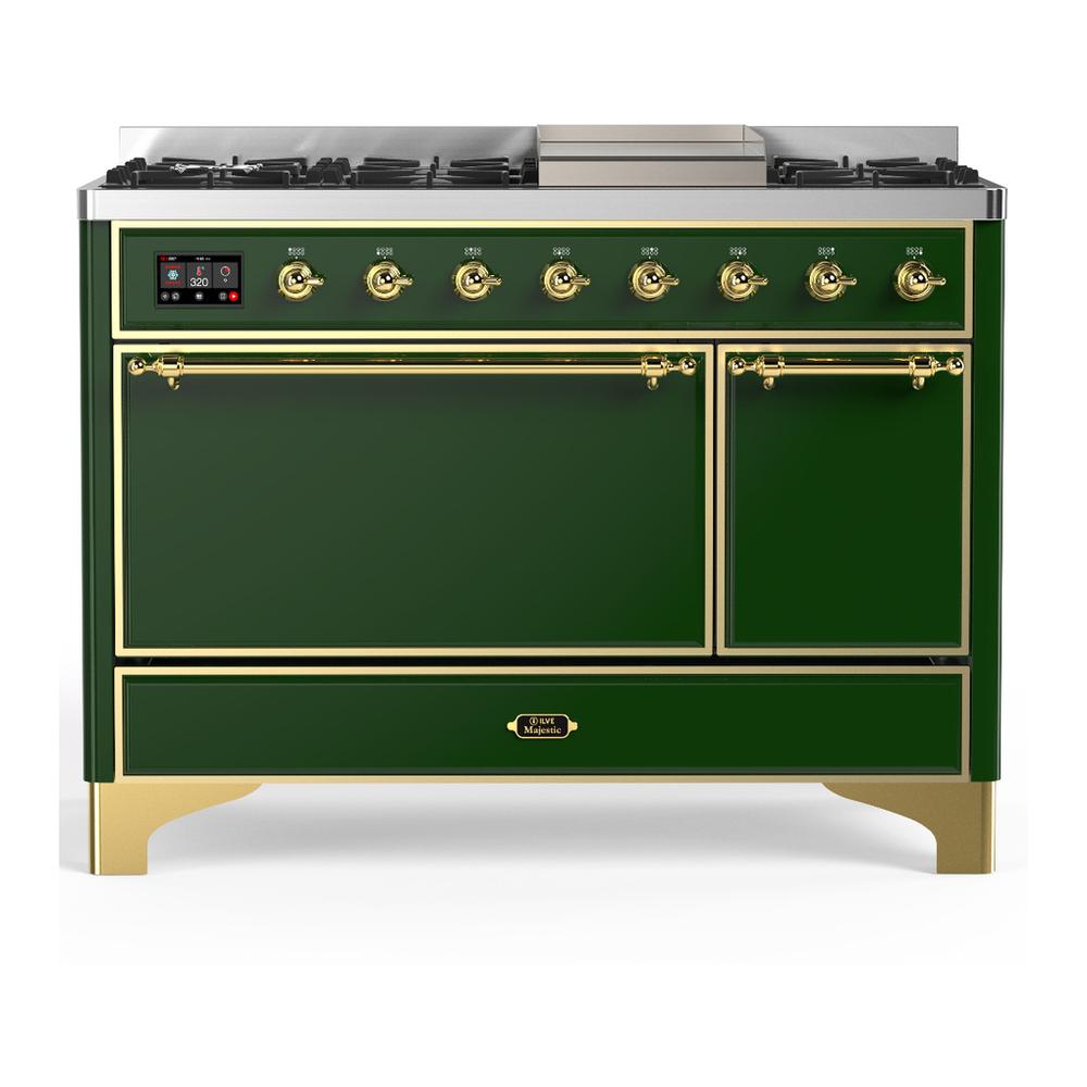 Ilve UM48FQNR3EGGLP Ilve Um48Fqnr3Egglp Majestic Iii 48 Inch Dual Fuel Range With 8 Burners And Griddle, Dual Function Burner Up To 25,000 Btu (Liquid Propane, Solid Door, Emerald Green, Brass)
