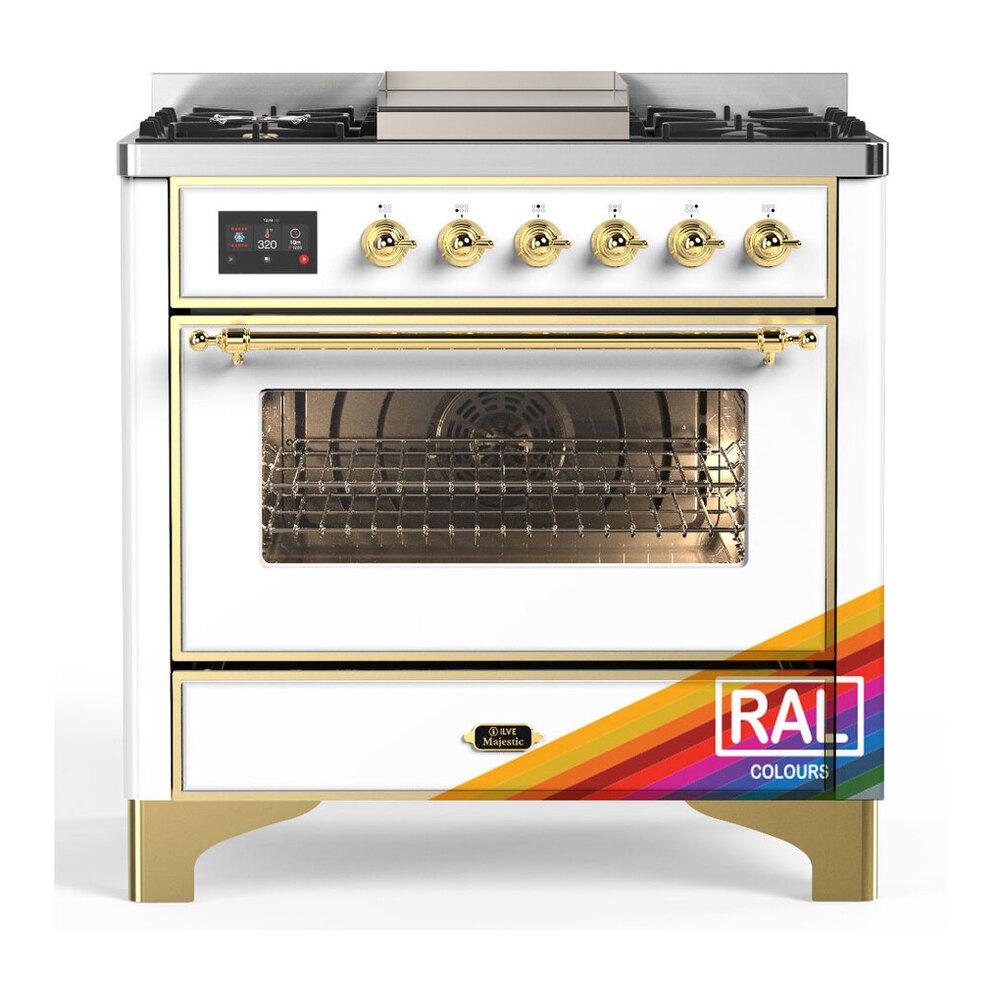 Ilve UM36FNR3RAG Ilve Um36Fnr3Rag Majestic Iii 36 Inch Dual Fuel Range With 6 Black Brass Burners And Griddle, Dual Function Burner Up To 25,000 Btu (Triple Glass Door, Ral, Brass, Natural Gas)