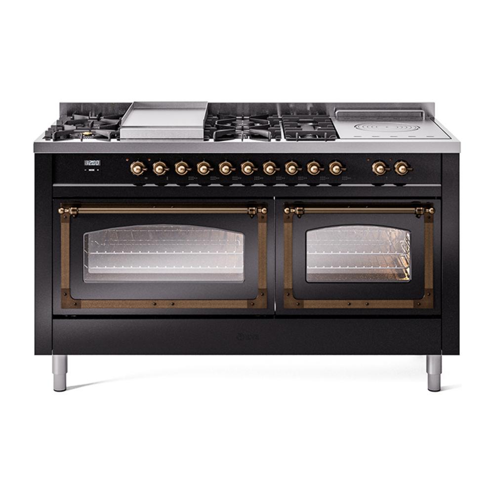 Ilve UN60FSNMPBKBLP Ilve Un60Fsnmpbkblp Nostalgie Ii Noblesse 60" Dual Fuel Range (7 Sealed Burners + Griddle + French Top, Liquid Propane, Triple Glass Door, Glossy Black, Burnished)