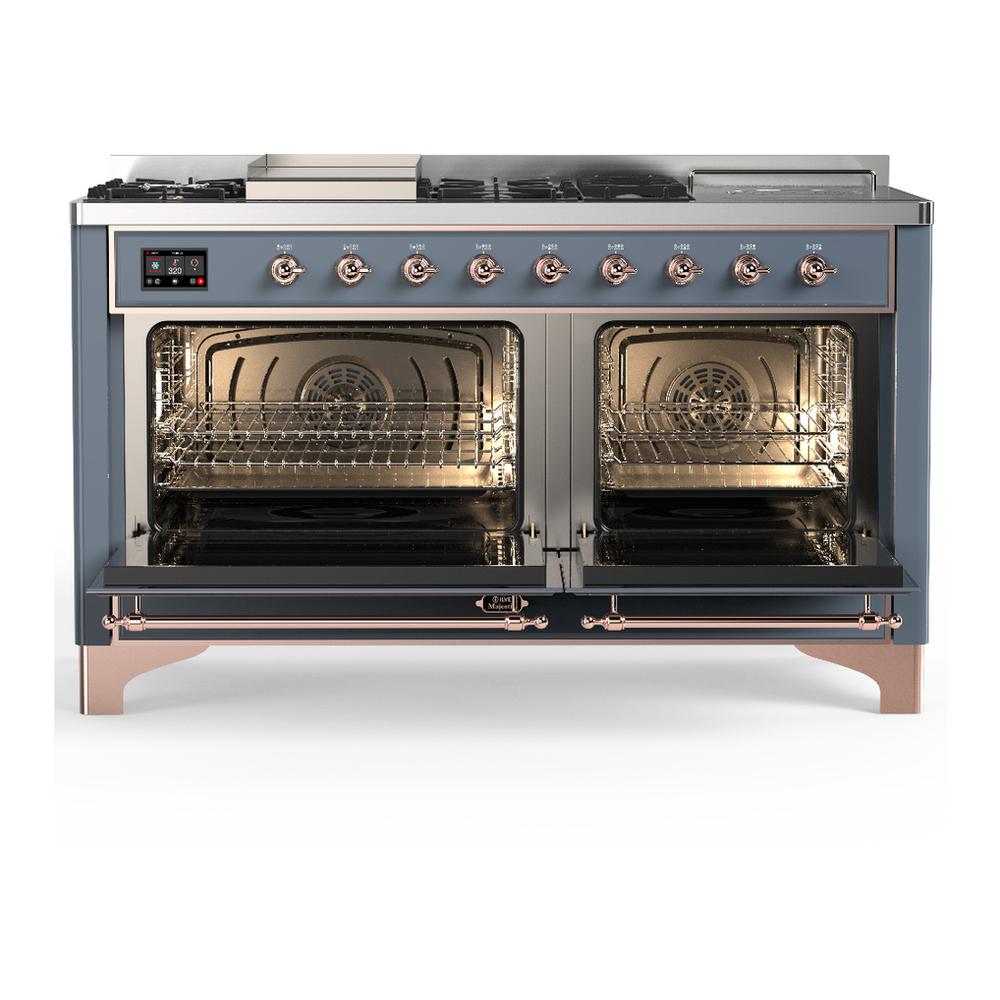 Ilve UM60FSQNR3BGPLP Ilve Um60Fsqnr3Bgplp Majestic Iii 60 Inch Dual Fuel Range With 7 Burners, Griddle And French Top, Dual Function Burner With Up To 25,000 Btu (Liquid Propane, Solid Door, Blue Grey, Copper)