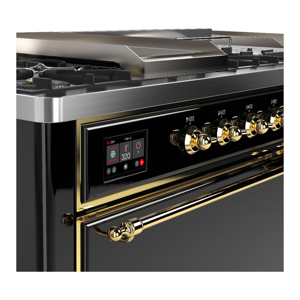 Ilve UM60FSQNR3BKGLP Ilve Um60Fsqnr3Bkglp Majestic Iii 60 Inch Dual Fuel Range With 7 Burners, Griddle And French Top, Dual Function Burner With Up To 25,000 Btu (Liquid Propane, Solid Door, Glossy Black, Brass)
