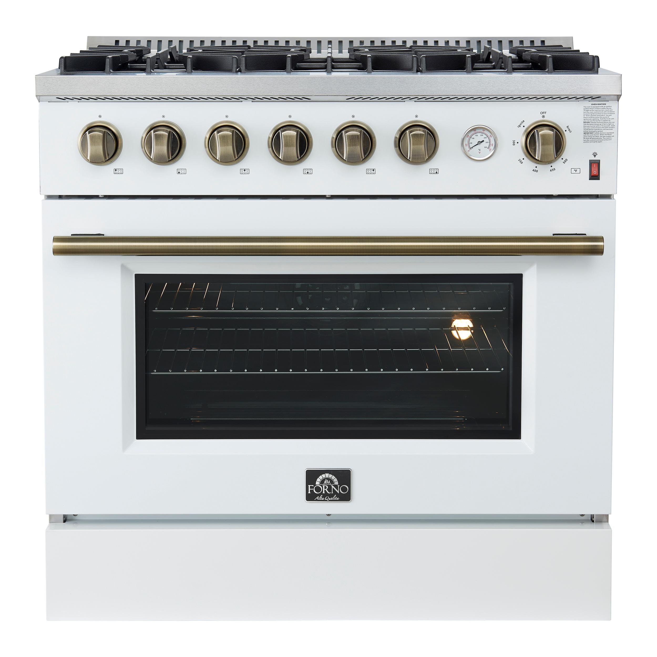 Forno FFSGS627736WHT Marco 36-Inch Gas Range White & Antique Brass Design, 6 Burners 67,000 Btu, 5.36 Cu.Ft. Convection Oven