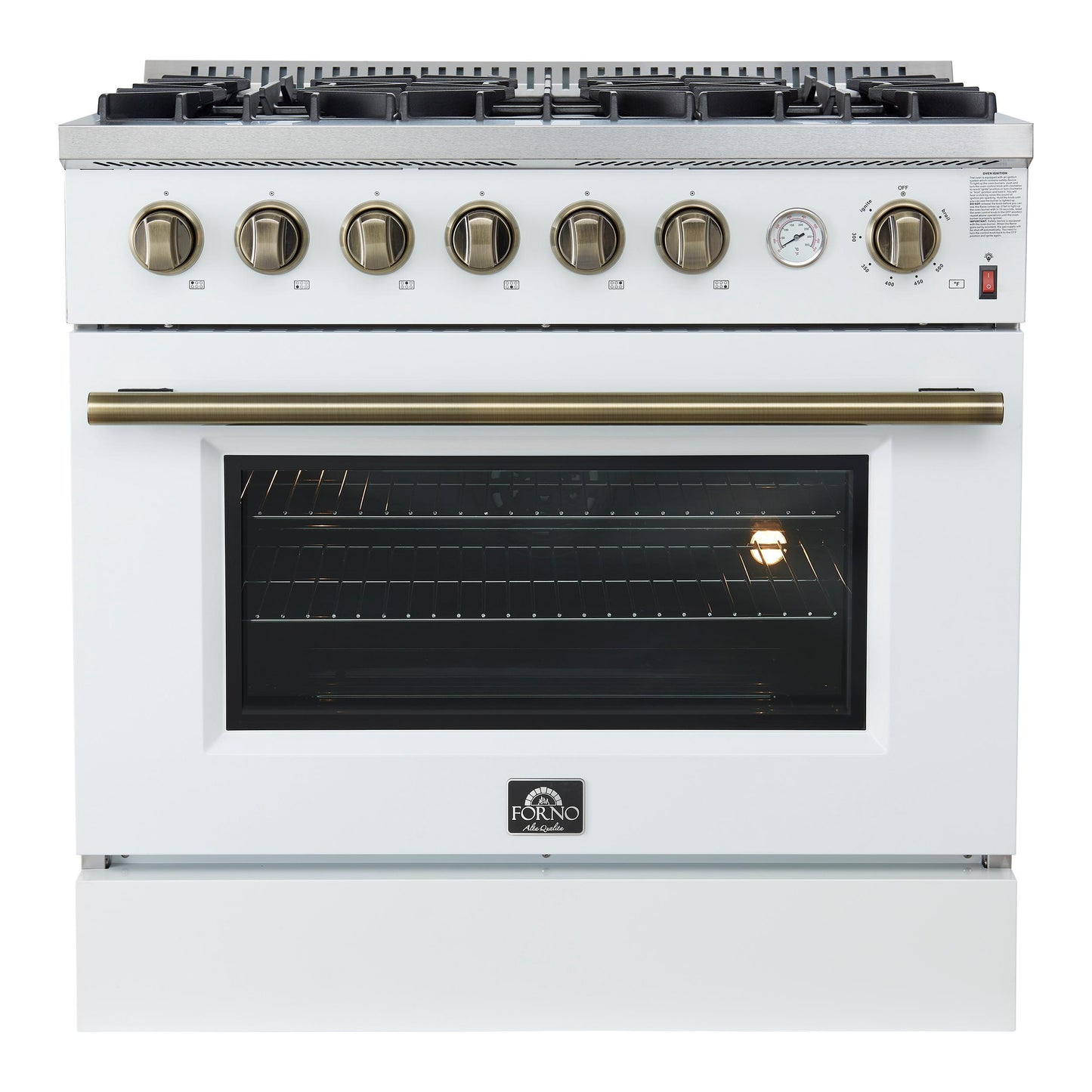 Forno FFSGS627736WHT Marco 36-Inch Gas Range White & Antique Brass Design, 6 Burners 67,000 Btu, 5.36 Cu.Ft. Convection Oven