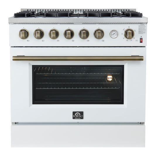 Forno FFSGS627736WHT Marco 36-Inch Gas Range White & Antique Brass Design, 6 Burners 67,000 Btu, 5.36 Cu.Ft. Convection Oven