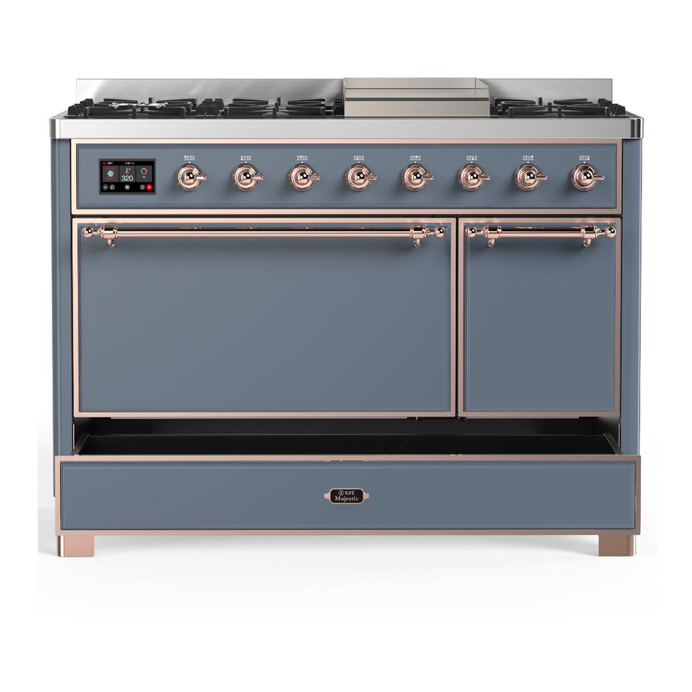 Ilve UM48FQNR3BGP Ilve Um48Fqnr3Bgp Majestic Iii 48 Inch Dual Fuel Range With 8 Burners And Griddle, Dual Function Burner Up To 25,000 Btu (Natural Gas, Solid Door, Blue Grey, Copper)