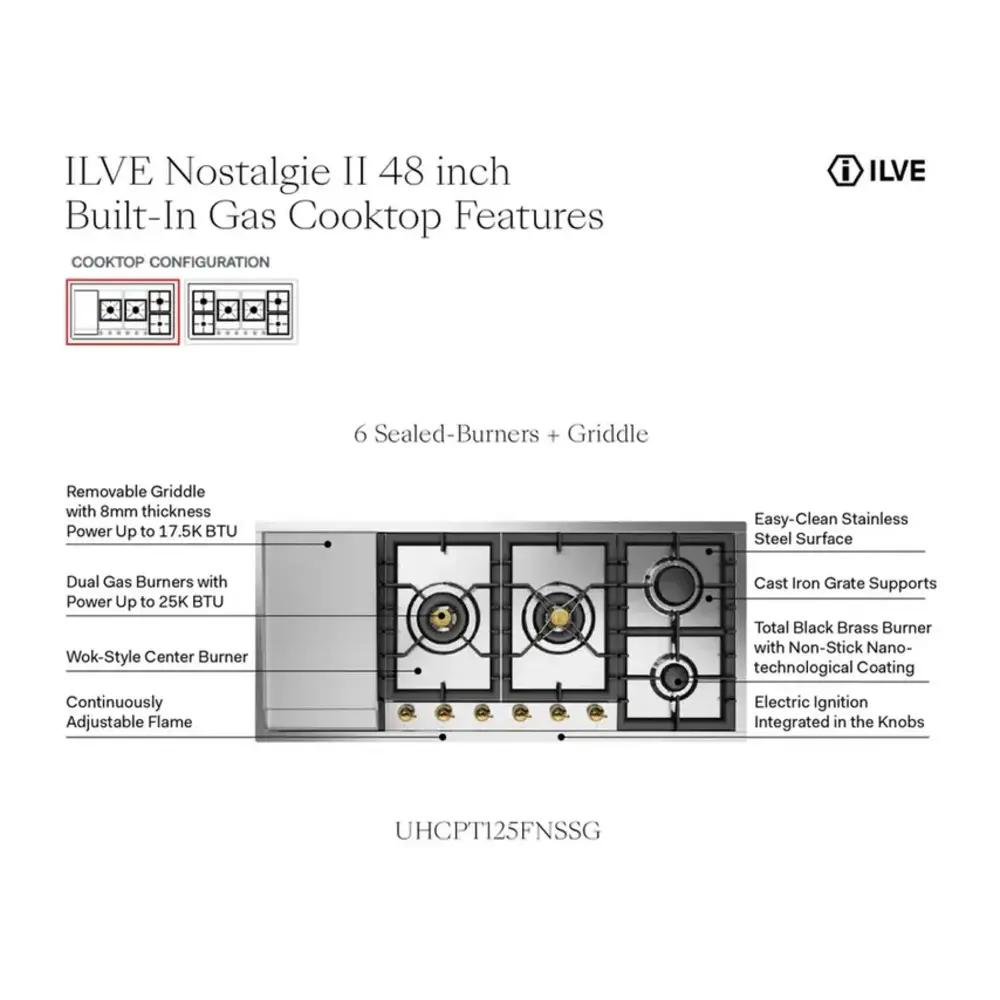 Ilve UHCPT125FNSSC Ilve Uhcpt125Fnssc Nostalgie Ii 48 Inch Built-In Gas Cooktop With Total Black Brass Burners, In Stainless Steel (6 Sealed Burners + Left Griddle, Natural Gas, Chrome)