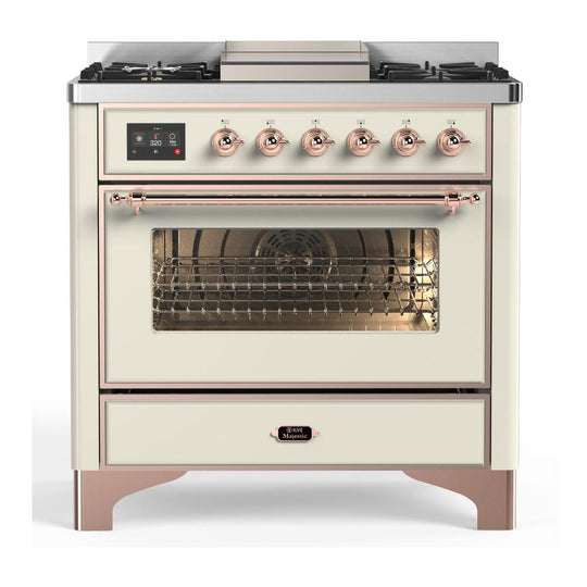 Ilve UM36FNR3AWP Ilve Um36Fnr3Awp Majestic Iii 36 Inch Dual Fuel Range With 6 Black Brass Burners And Griddle, Dual Function Burner Up To 25,000 Btu (Triple Glass Door, Antique White, Copper, Natural Gas)