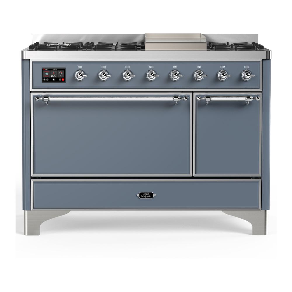 Ilve UM48FQNR3BGCLP Ilve Um48Fqnr3Bgclp Majestic Iii 48 Inch Dual Fuel Range With 8 Burners And Griddle, Dual Function Burner Up To 25,000 Btu (Liquid Propane, Solid Door, Blue Grey, Chrome)