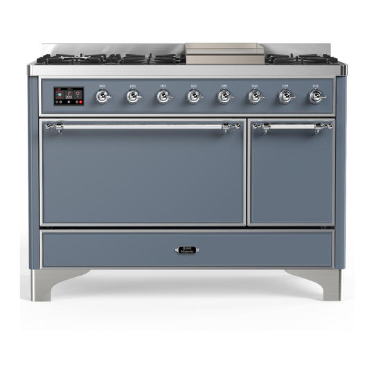 Ilve UM48FQNR3BGCLP Ilve Um48Fqnr3Bgclp Majestic Iii 48 Inch Dual Fuel Range With 8 Burners And Griddle, Dual Function Burner Up To 25,000 Btu (Liquid Propane, Solid Door, Blue Grey, Chrome)