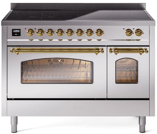 Ilve UPI486NMPSSG Nostalgie Ii 48 Inch Electric Freestanding Range In Stainless Steel With Brass Trim