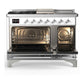 Ilve UM48FSQNR3WHC Ilve Um48Fsqnr3Whc Majestic Iii 48 Inch Dual Fuel Range With 5 Black Brass Burners, Griddle And French Top, Dual Function Burner Up To 25,000 Btu (Natural Gas, Solid Door, White, Chrome)