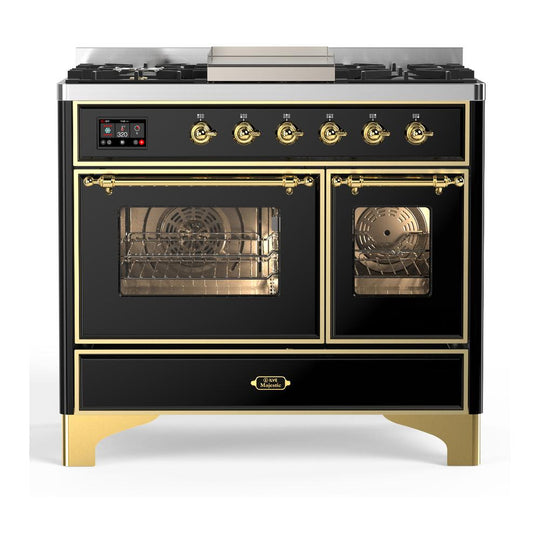 Ilve UMD40FNR3BKGLP Ilve Umd40Fnr3Bkglp Majestic Iii 40 Inch Dual Fuel Range With 6 Burners And Griddle, Dual Function Burner Up To 25,000 Btu (Liquid Propane, Triple Glass Door, Glossy Black, Brass)