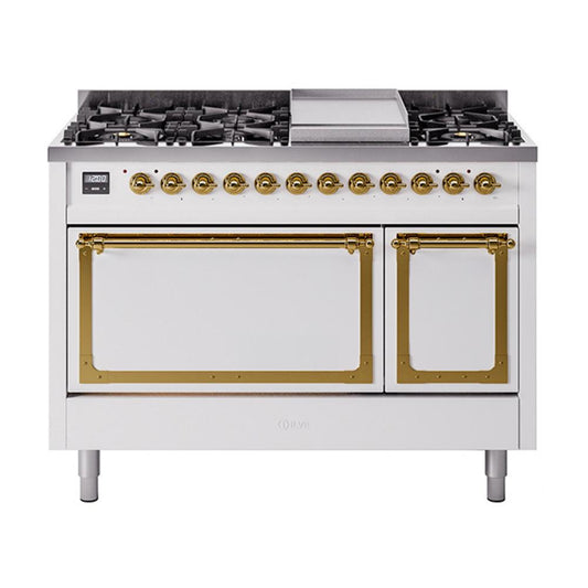 Ilve UN48FQNMPWHGLP Ilve Un48Fqnmpwhglp Nostalgie Ii Noblesse 48" Dual Fuel Range (8 Sealed Burners + Griddle, Liquid Propane, Solid Door, White, Brass)