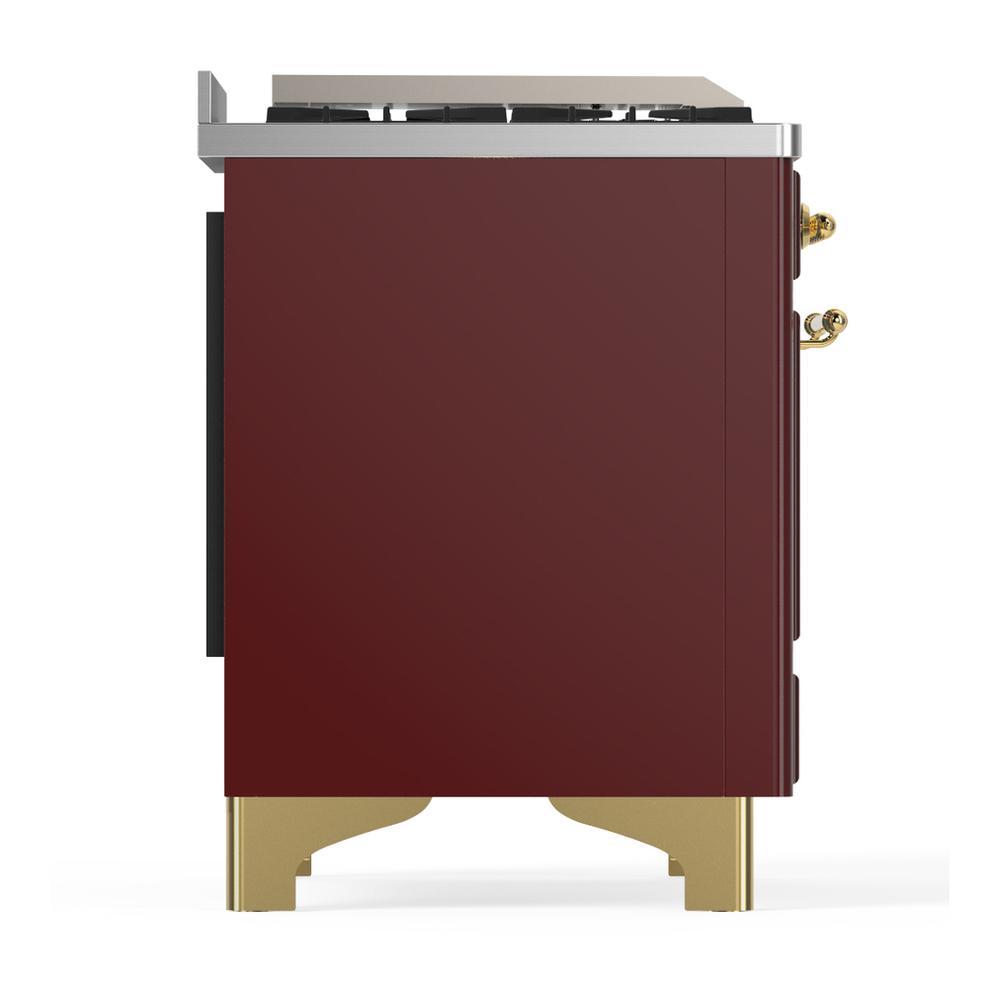 Ilve UM36FQNR3BUG Ilve Um36Fqnr3Bug Majestic Iii 36 Inch Dual Fuel Range With 6 Black Brass Burners And Griddle, Dual Function Burner Up To 25,000 Btu (Solid Door, Burgundy, Brass, Natural Gas)