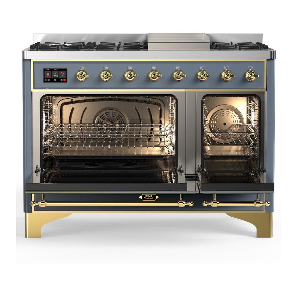 Ilve UM48FQNR3BGGLP Ilve Um48Fqnr3Bgglp Majestic Iii 48 Inch Dual Fuel Range With 8 Burners And Griddle, Dual Function Burner Up To 25,000 Btu (Liquid Propane, Solid Door, Blue Grey, Brass)