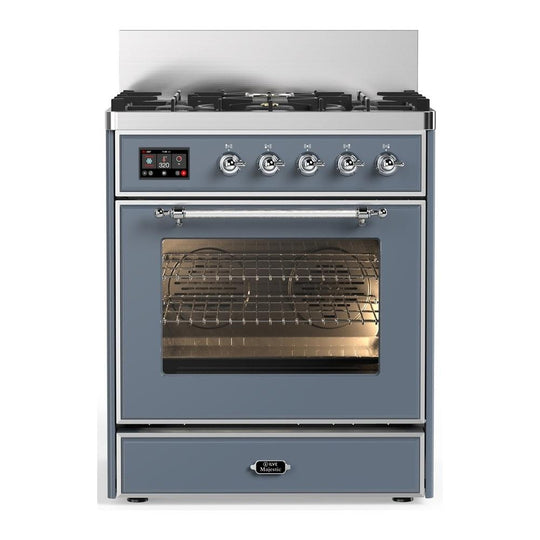 Ilve UM30NR3BGC Ilve Um30Nr3Bgc Majestic Iii 30 Inch Dual Fuel Range With 5 Black Brass Burners, Dual Function Burner Up To 25,000 Btu (Natural Gas, Triple Glass Door, Blue Grey, Chrome)