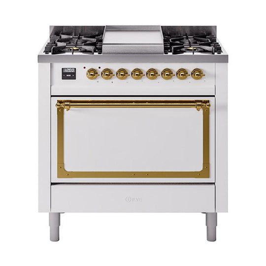 Ilve UN36FQNMPWHG Ilve Un36Fqnmpwhg Nostalgie Ii Noblesse 36" Dual Fuel Range (Natural Gas, Solid Door, White, Brass)