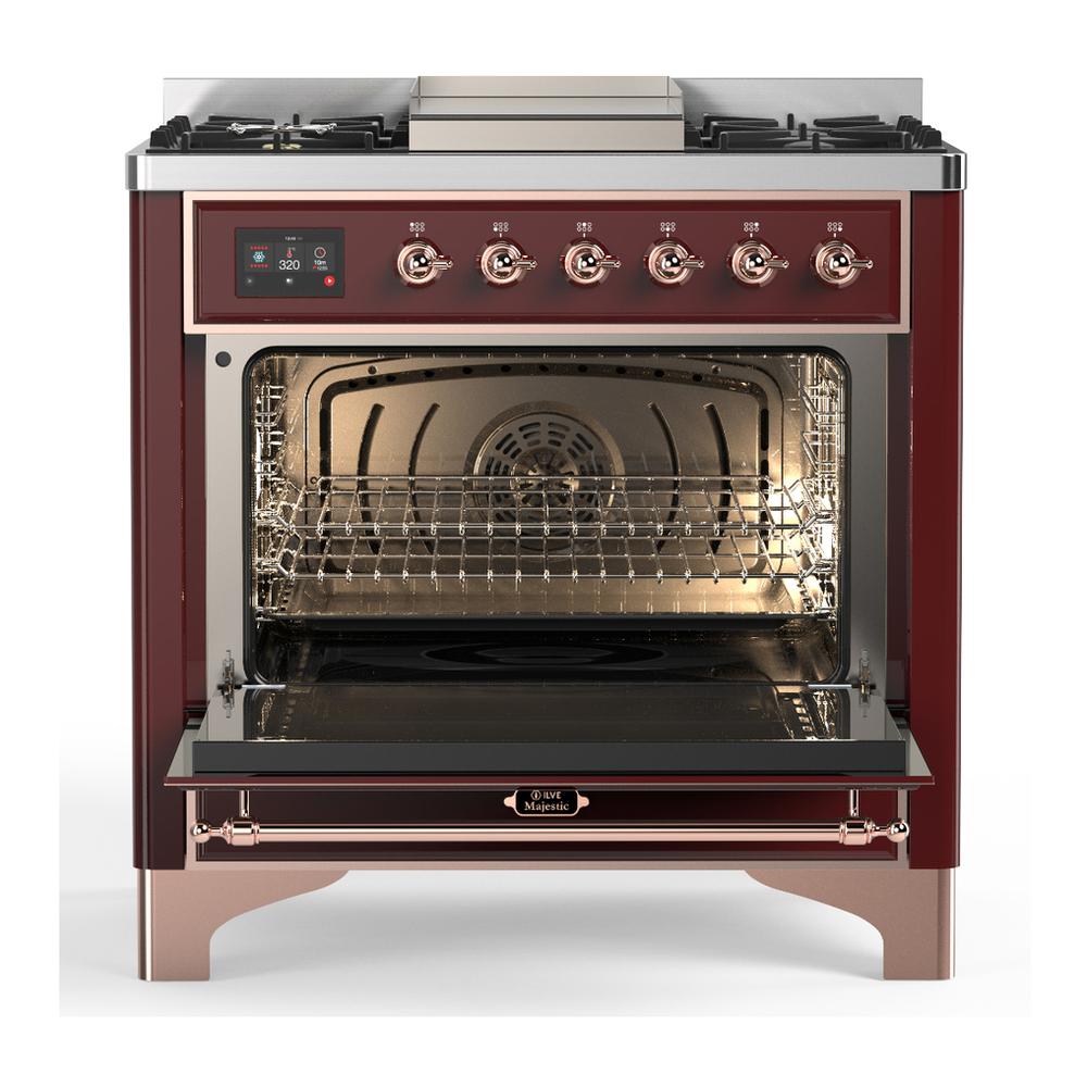 Ilve UM36FNR3BUPLP Ilve Um36Fnr3Buplp Majestic Iii 36 Inch Dual Fuel Range With 6 Black Brass Burners And Griddle, Dual Function Burner Up To 25,000 Btu (Triple Glass Door, Burgundy, Copper, Liquid Propane)