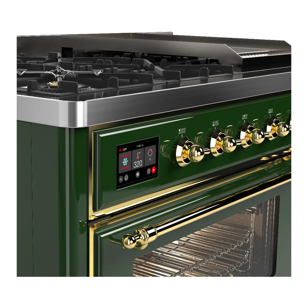 Ilve UM48FNR3EGG Ilve Um48Fnr3Egg Majestic Iii 48 Inch Dual Fuel Range With 8 Burners And Griddle, Dual Function Burner Up To 25,000 Btu (Natural Gas, Triple Glass Door, Emerald Green, Brass)