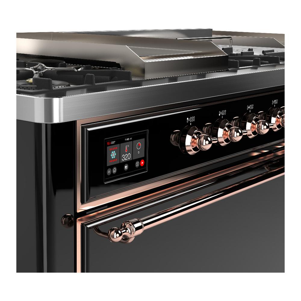 Ilve UM60FSQNR3BKP Ilve Um60Fsqnr3Bkp Majestic Iii 60 Inch Dual Fuel Range With 7 Burners, Griddle And French Top, Dual Function Burner With Up To 25,000 Btu (Natural Gas, Solid Door, Glossy Black, Copper)