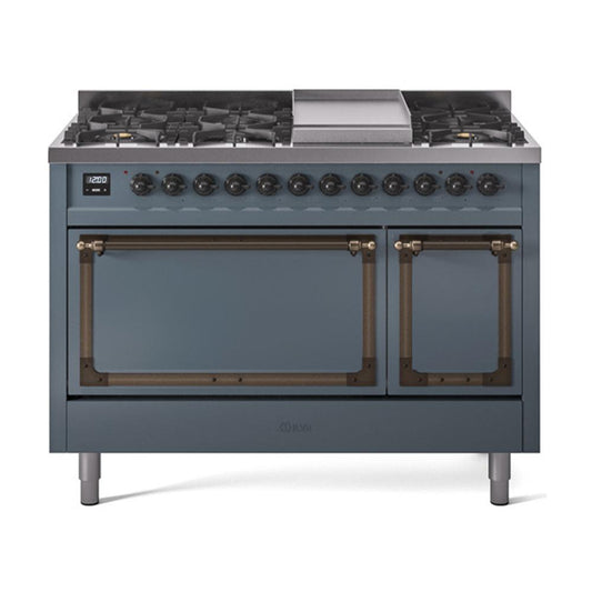 Ilve UN48FQNMPBGB Ilve Un48Fqnmpbgb Nostalgie Ii Noblesse 48" Dual Fuel Range (8 Sealed Burners + Griddle, Natural Gas, Solid Door, Blue Grey, Burnished)