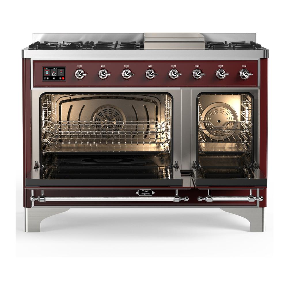 Ilve UM48FNR3BUCLP Ilve Um48Fnr3Buclp Majestic Iii 48 Inch Dual Fuel Range With 8 Burners And Griddle, Dual Function Burner Up To 25,000 Btu (Liquid Propane, Triple Glass Door, Burgundy, Chrome)