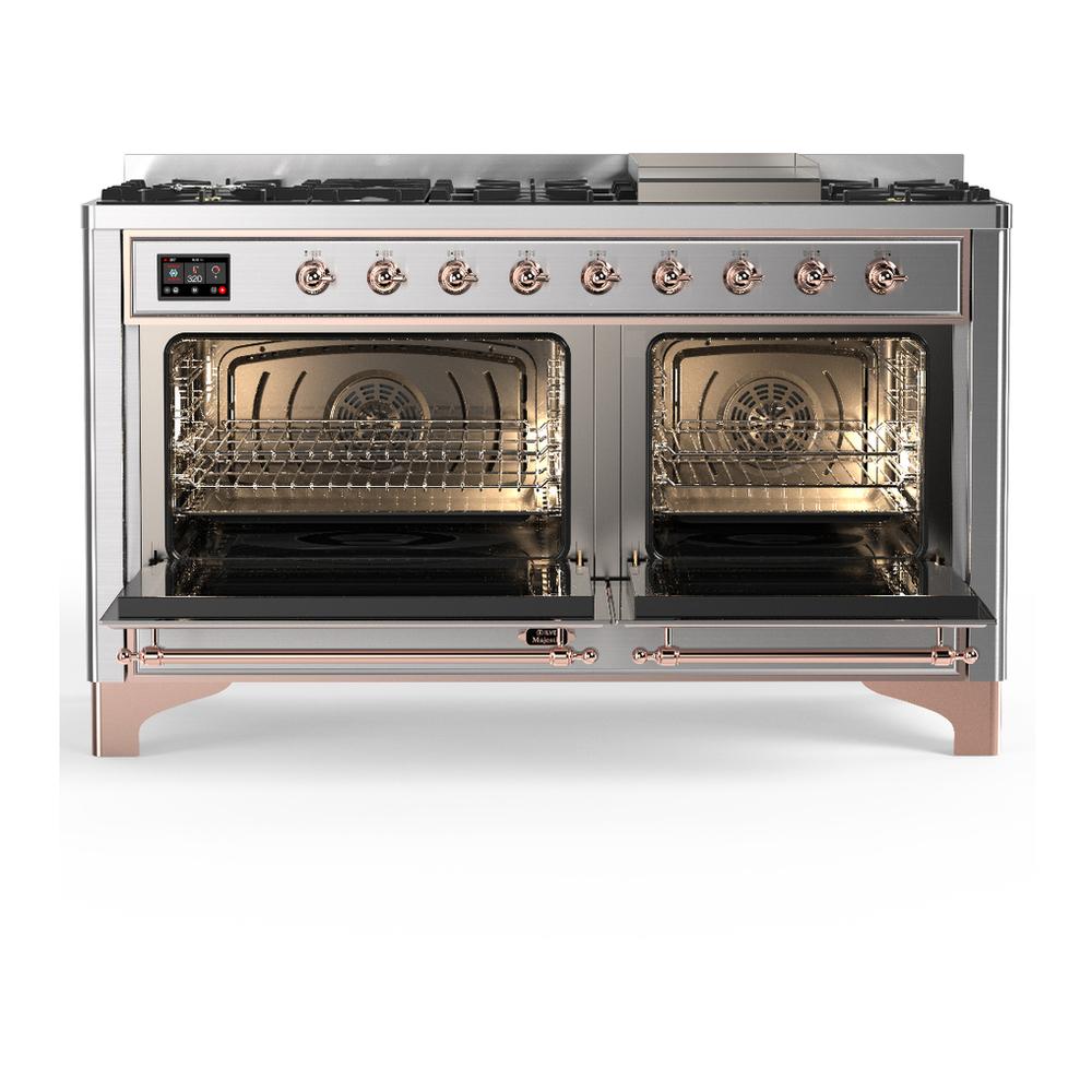 Ilve UM60FNR3SSPLP Ilve Um60Fnr3Ssplp Majestic Iii 60 Inch Dual Fuel Range With 9 Burners And Griddle, Dual Function Burner Up To 25,000 Btu (Liquid Propane, Triple Glass Door, Stainless Steel, Copper)