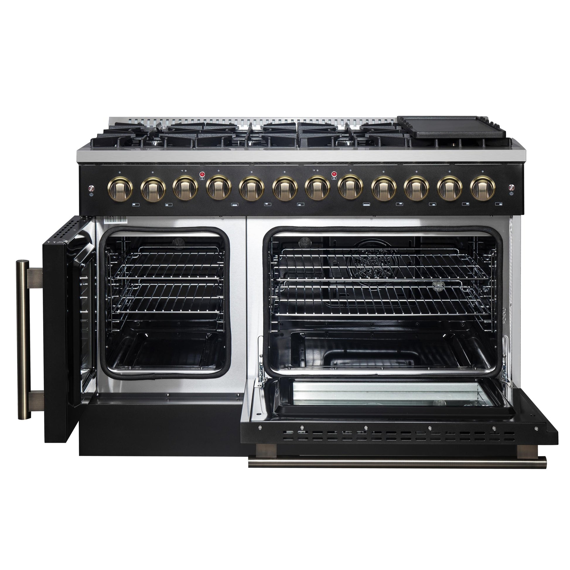 Forno FFSGS635648BLK Forno Galiano 48-Inch French Door Dual Fuel Range, Black & Antique Brass Design, 8 Sealed Burners - 107,000 Btu, Griddle, 6.58 Cu.Ft. Double Ovens