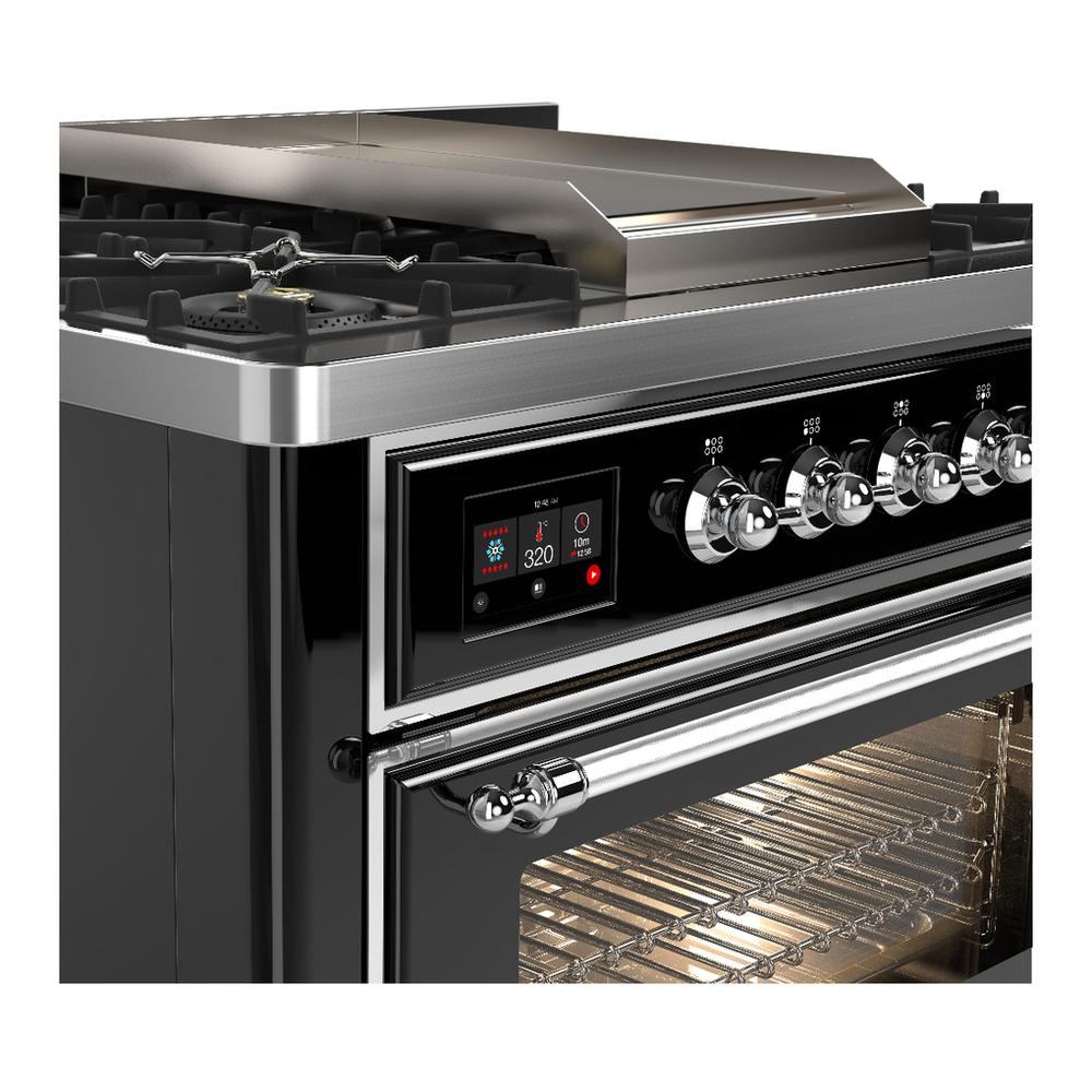 Ilve UM36FNR3BKCLP Ilve Um36Fnr3Bkclp Majestic Iii 36 Inch Dual Fuel Range With 6 Black Brass Burners And Griddle, Dual Function Burner Up To 25,000 Btu (Triple Glass Door, Glossy Black, Chrome, Liquid Propane)