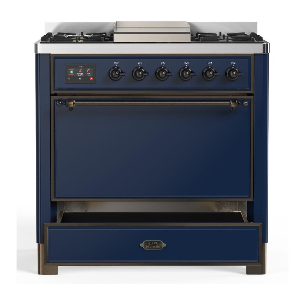 Ilve UM36FQNR3MBBLP Ilve Um36Fqnr3Mbblp Majestic Iii 36 Inch Dual Fuel Range With 6 Black Brass Burners And Griddle, Dual Function Burner Up To 25,000 Btu (Solid Door, Midnight Blue, Burnished, Liquid Propane)