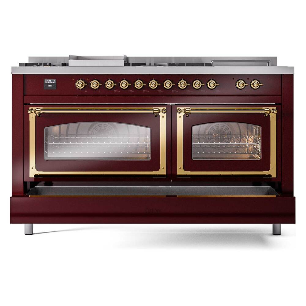 Ilve UN60FSNMPBUG Ilve Un60Fsnmpbug Nostalgie Ii Noblesse 60" Dual Fuel Range (7 Sealed Burners + Griddle + French Top, Natural Gas, Triple Glass Door, Burgundy, Brass)