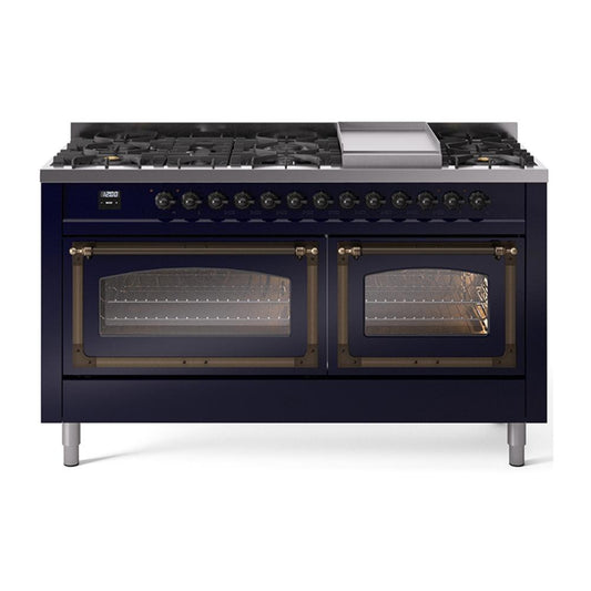 Ilve UN60FNMPMBB Ilve Un60Fnmpmbb Nostalgie Ii Noblesse 60" Dual Fuel Range (9 Sealed Burners + Griddle, Natural Gas, Triple Glass Door, Midnight Blue, Burnished)