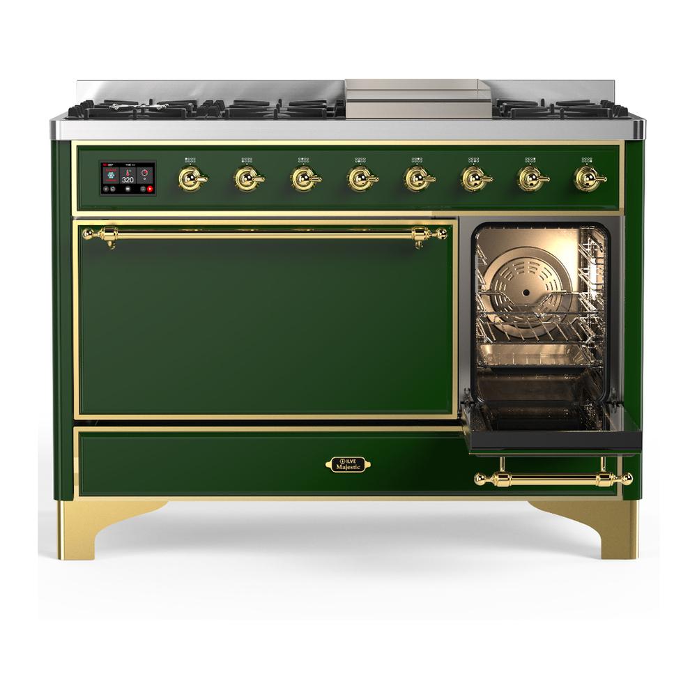 Ilve UM48FQNR3EGG Ilve Um48Fqnr3Egg Majestic Iii 48 Inch Dual Fuel Range With 8 Burners And Griddle, Dual Function Burner Up To 25,000 Btu (Natural Gas, Solid Door, Emerald Green, Brass)
