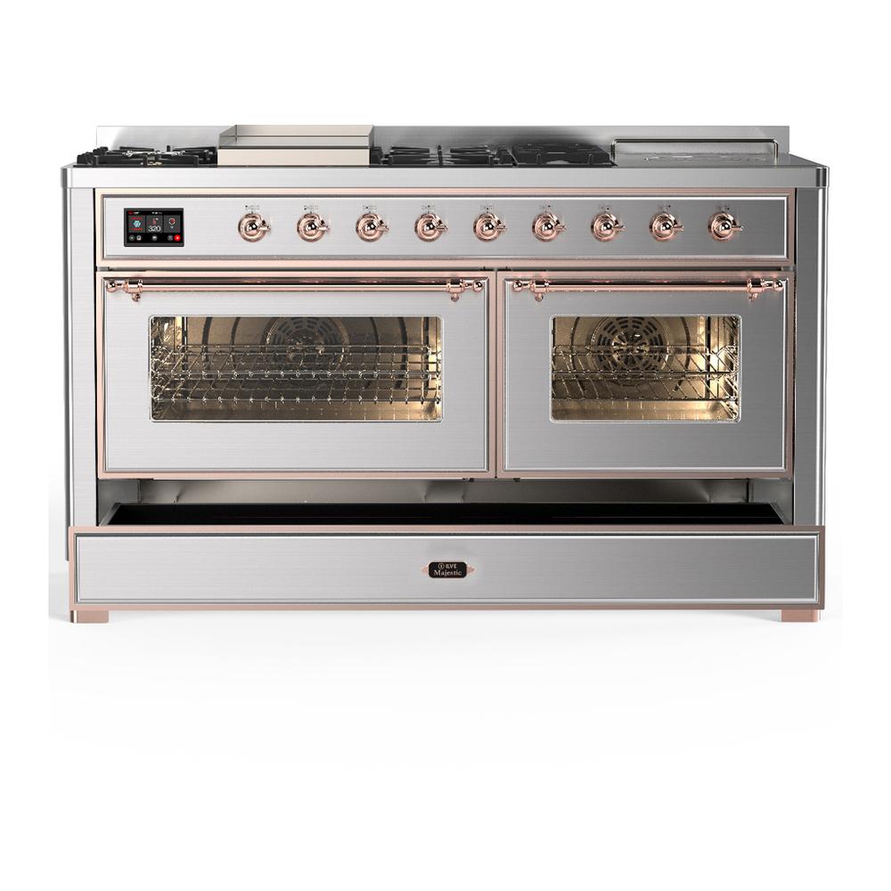 Ilve UM60FSNR3SSPLP Ilve Um60Fsnr3Ssplp Majestic Iii 60 Inch Dual Fuel Range With 7 Burners, Griddle And French Top, Dual Function Burner With Up To 25,000 Btu (Liquid Propane, Triple Glass Door, Stainless Steel, Copper)