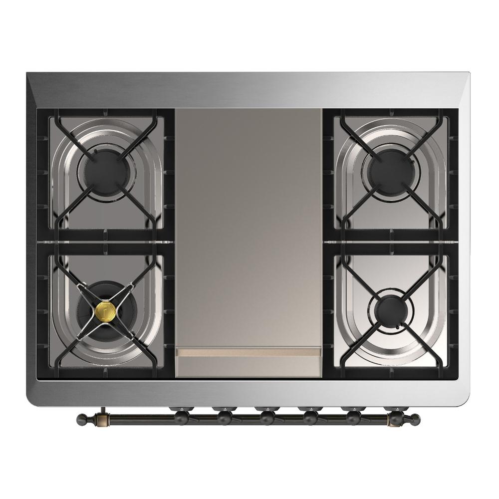 Ilve UM36FQNR3SSB Ilve Um36Fqnr3Ssb Majestic Iii 36 Inch Dual Fuel Range With 6 Black Brass Burners And Griddle, Dual Function Burner Up To 25,000 Btu (Solid Door, Stainless Steel, Burnished, Natural Gas)
