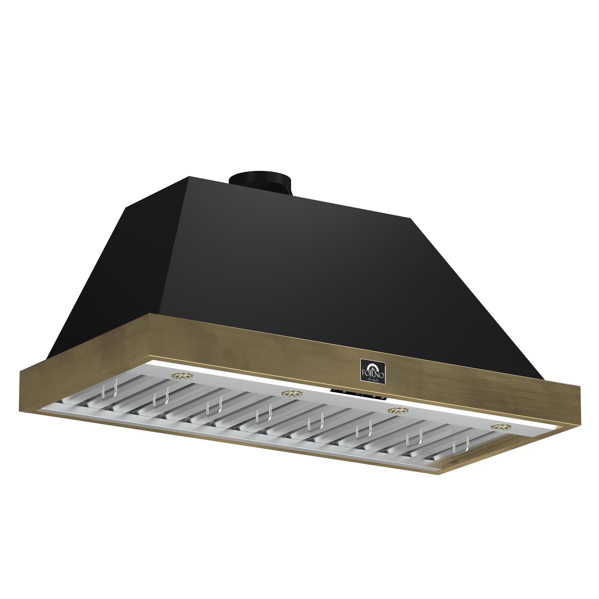 Forno FRHWM507848BLK Forno Vittorio 48-Inch Wall Mount Range Hood, Black With Antique Brass Trim, 424 Cfm Airflow, Dishwasher-Safe Baffle Filters, Remote Control, 3-Speed Fan, Bright Led Lighting.